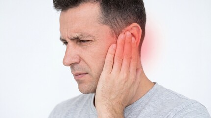 Fototapeta premium Man experiencing ear pain or discomfort holding his ear