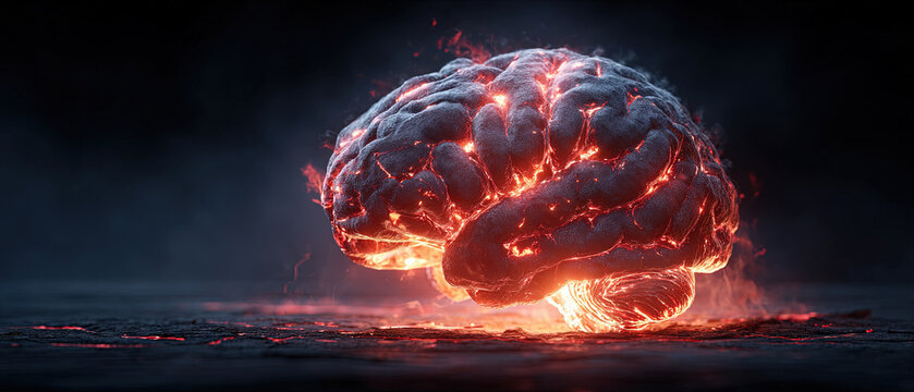 A human brain illuminated with vibrant orange and red lights, set against a dark backdrop, symbolizing intelligence, creativity, and innovation.