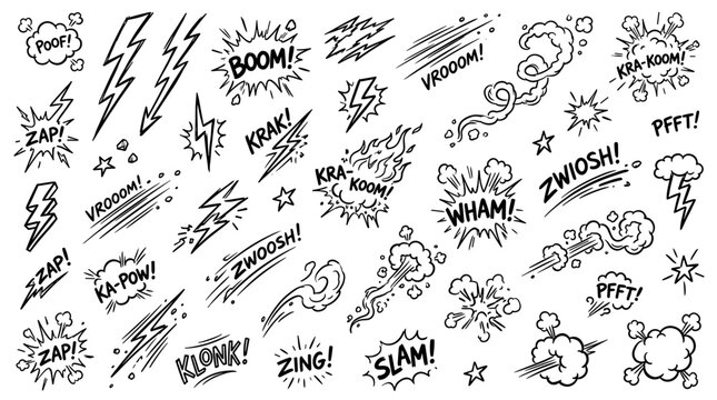 Dynamic comic book sound effects and action lines for explosive visual storytelling