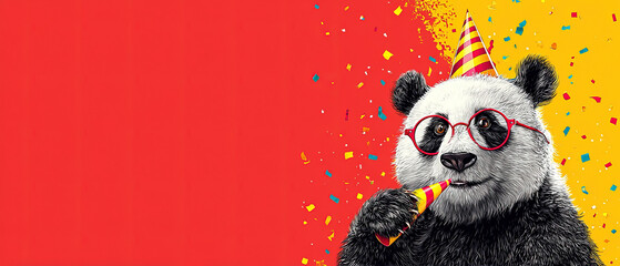 Fototapeta premium Cute panda wearing party hat and glasses, blowing a party horn with colorful confetti on a red and yellow background. Perfect for festive, fun, and cheerful designs.