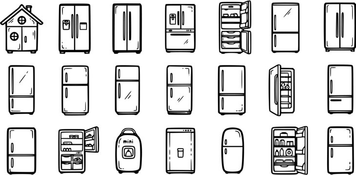 Home Appliances Black  White Line Art: Hand-drawn Refrigerator and Fridge Icons Vector Set. Kitchen Food Storage Equipment Doodles Collection.