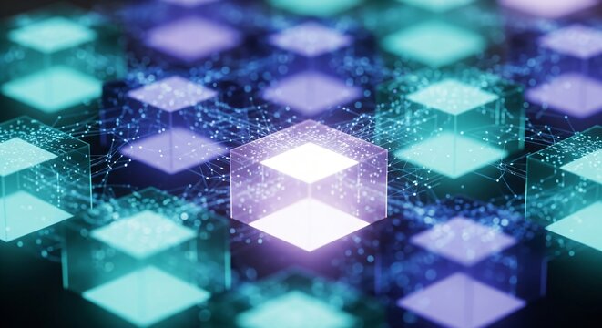 Abstract digital network of glowing cubes. Connected data blocks representing blockchain technology and cloud computing infrastructure. Futuristic information security and processing system.