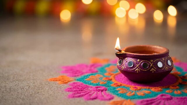 Traditional handmade clay diya lamp on colorful flower rangoli for Diwali celebration