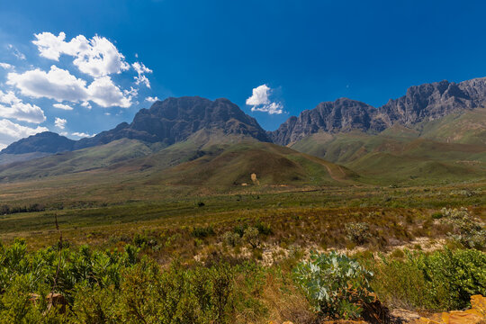 An amazing view on a perfect day over the Jonkershoek Nature Reserve located close to Stellenbosch in South Africa and home to the Jonkershoek Mountains and the impressiv valley. The reserve includes 