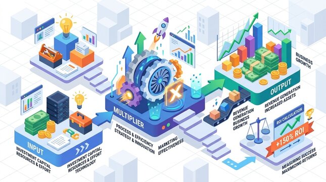 Return on investment diagram ROI calculation diagram with input output and multiplier