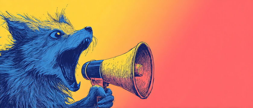 Illustrated blue wolf howling into a megaphone on a vibrant yellow to red gradient background, symbolizing communication, attention, and bold expression.