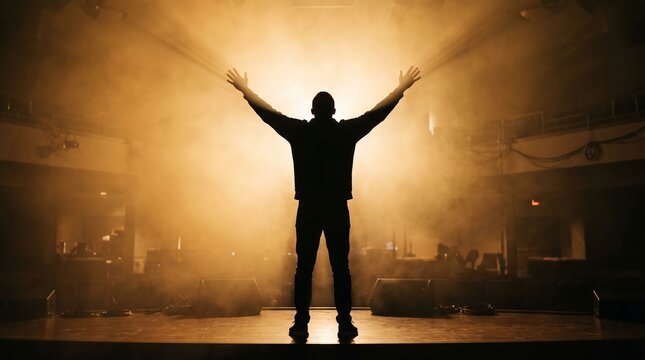 Silhouette of Worship Leader Praising During Christian Worship Service