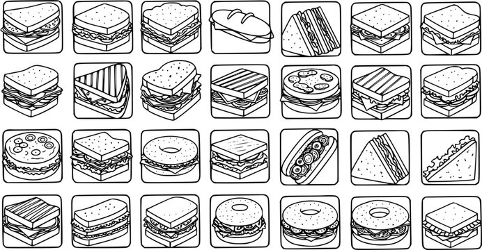 Black and White Line Art Icons of Various Sandwiches and Burgers