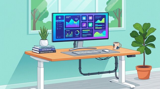 Standing desk home worker standing height desk setup with monitor stack of books plants