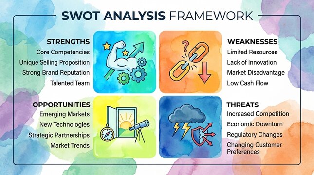 SWOT analysis framework four-quadrant SWOT diagram with icons for strengths weaknesses opportunities threats