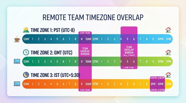 Remote team timezone overlap timeline showing overlap window between three time zones