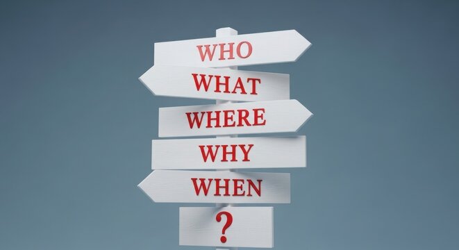 Wooden signpost with who what where why when and a question mark