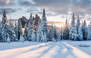 Naklejka premium Bright Christmas panorama. Unbelievable morning view of Alpine Dolomites mountains with fresh snow covered fir trees. Sunny outdoor scene of mountain valley. Beauty of nature concept background.