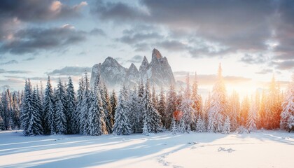Naklejka premium Colorful winter panorama in the Alpine Dolomites. Fir trees covered in fresh snow on a frosty morning shine in the first rays of the sun.
