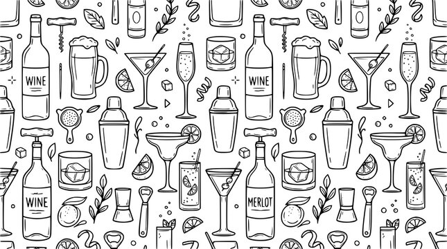 Black and white alcohol drinks seamless pattern vector with beverage line illustrations