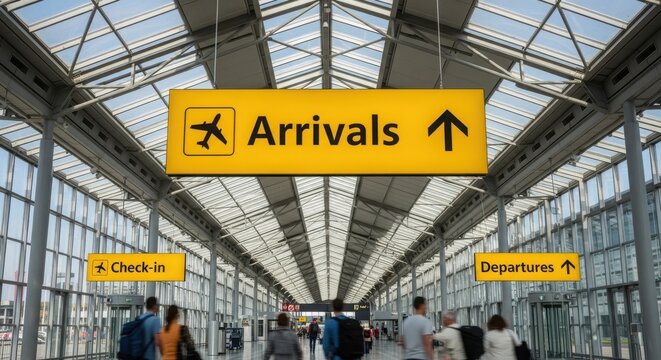 Airport terminal interior with arrivals, checkin, and departures signs