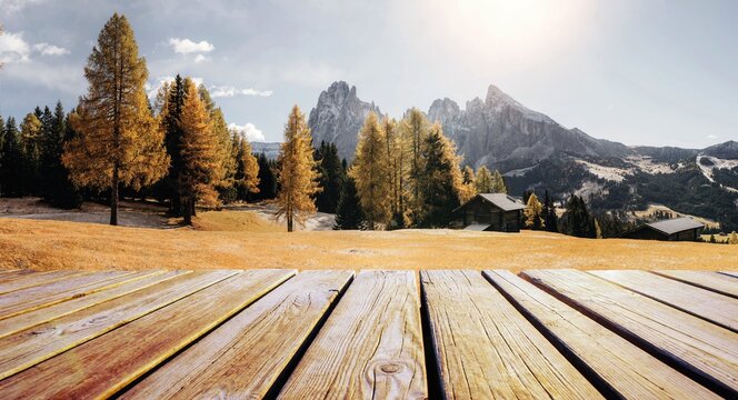 Wooden deck foreground Great view of the top Tofana di Rozes and Cinque Torri range in Dolomites, South Tyrol. Location Cortina d'Ampezzo, Italy, Europe.