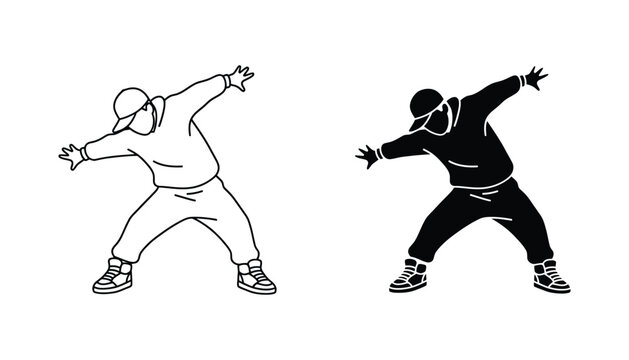 Breakdancer icon vector illustration in outline and solid black silhouette styles showing dynamic pose