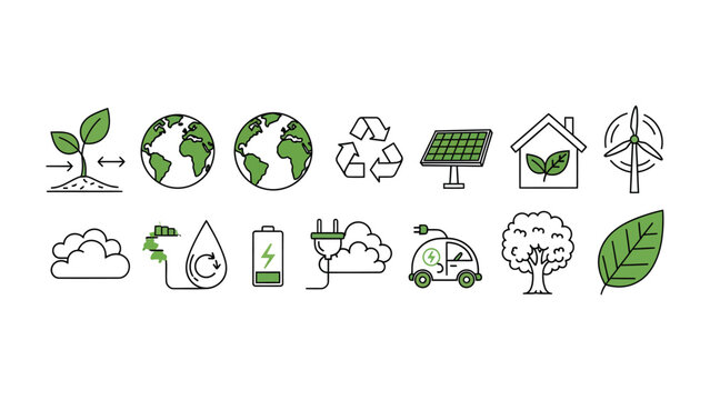 Green Initiative Icons: A collection of meticulously crafted icons represents various facets of eco-friendliness, highlighting key environmental concepts in a cohesive manner. 