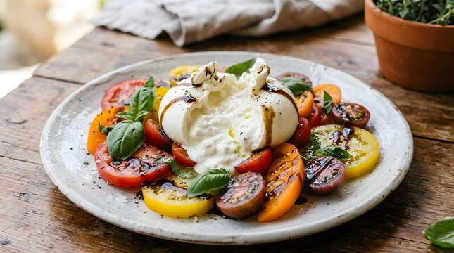 Fresh burrata cheese served with sliced heirloom tomatoes and aromatic basil leaves drizzled with balsamic glaze on a rustic plate