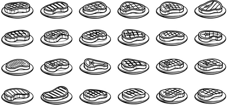 Black and White Line Art Icons of Various Steak Cuts on Plates, Food Industry Vector