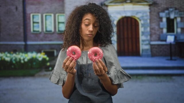 Young woman in apron and gingham blouse holds two pink doughnuts with both hands and puckers lips while studying them in front of a building; curiosity choice.