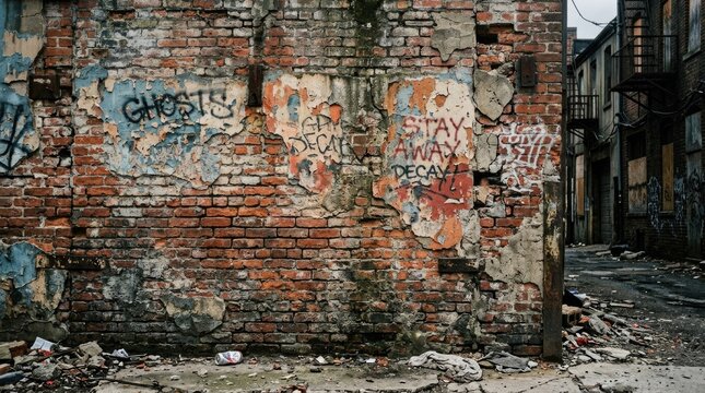 Aged red brick wall with peeling paint and graffiti, urban texture backdrop