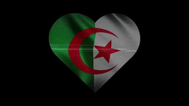 Patriotic Algeria Heart Waving National Flag. Heart Shaped Algerian Flag Animation with Retro Digital Glitch Effect