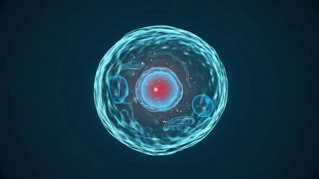 3D render of human cell structure with nucleus and organelles in microscopic biological view