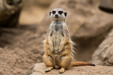 Fototapeta premium A cute meerkat standing upright on a rock in a natural outdoor habitat