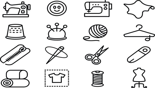 Minimalist Set of Sewing and Tailoring Icons Including Sewing Machines, Thread, Needles, and Fabric for Fashion and Craft Design