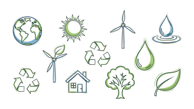 Sustainable World Icons: A vibrant collection of ecological icons conveys the essence of environmental consciousness and sustainability. Each symbol represents key elements of a greener planet.