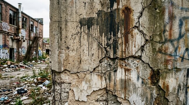 Close-up of aged concrete wall with peeling paint and shadows cracked surface