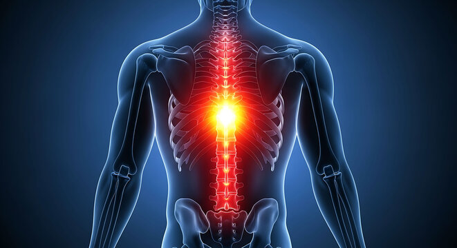 Human back pain illustration with glowing spinal column and thoracic vertebrae