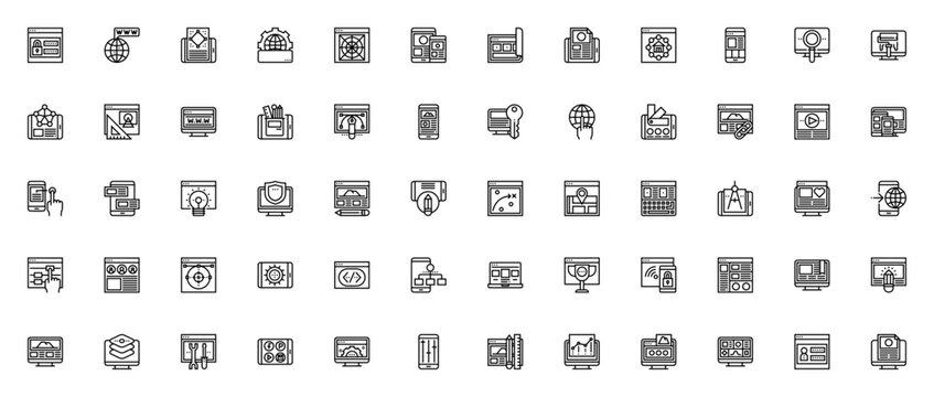 Web design icon set. Minimal vector illustration pack. Features browser, smartphone, computer, monitor, laptop, internet, settings, devices, layers and more. Editable stroke.