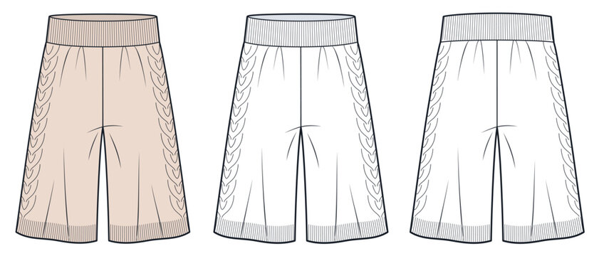 Women Cable Knit Shorts Fashion Flat Technical Drawing Template Featuring Rib Waistband Cable Side Panels and Front Back Views