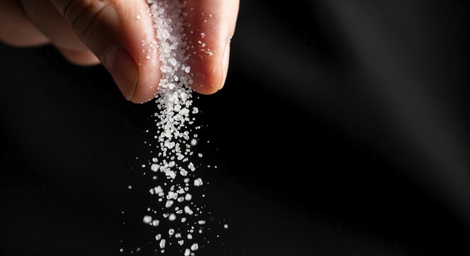 Close-up of fingers sprinkling coarse white salt. Salt crystals falling against a black background. Macro food seasoning concept