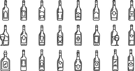 Fototapeta premium Black and White Line Art Alcoholic Beverage Bottles Vector Icons Set. Outline collection of wine, liquor, and champagne drinks containers.