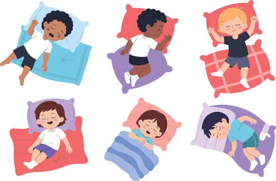 Cute children sleeping collection, happy kids bedtime poses illustration, cartoon vector for dreams and relaxation