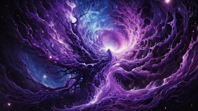 Swirling cosmic vortex with purple, blue, and white hues against a starry background