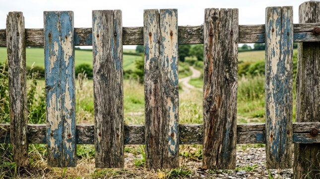 Weathered wooden fence with peeling blue and white paint, rural setting