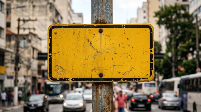 Detalhe macro de sinal de tr&acirc;nsito amarelo com textura urbana refor&ccedil;ando alerta e conscientiza&ccedil;&atilde;o da campanha Maio Amarelo nas ruas de S&atilde;o Paulo