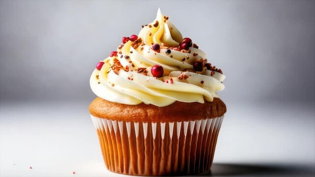 Delicious cupcake in a white paper wrapper topped with swirled frosting and decorations