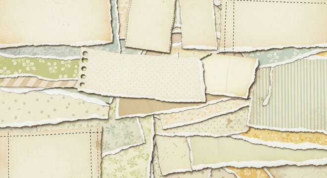 Collage of torn paper scraps with vintage floral, striped, and polka dot patterns in muted beige, cream, and sage green colors