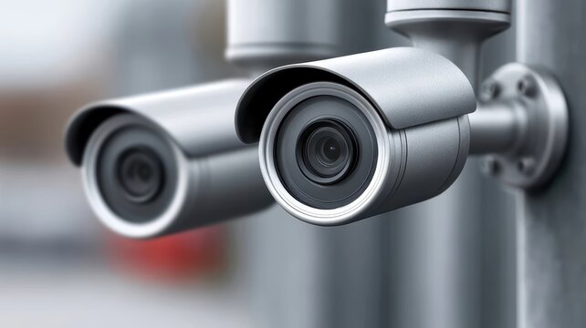Dual modern surveillance security cameras mounted for monitoring urban public property areas