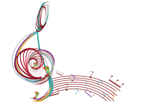 Abstract musical design with a treble clef and colorful splashes, notes and waves.  Colorful treble clef. Hand drawn vector illustration.
