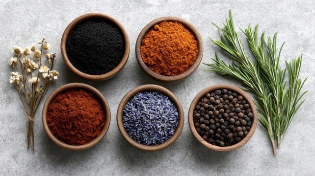 Five wooden bowls containing colorful spices herbs and peppercorns arranged on a textured light gray stone table surface background