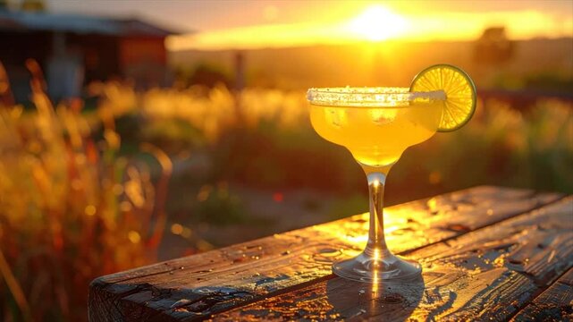 A margarita on a rustic table, lit by a vibrant sunset, with a lime garnish