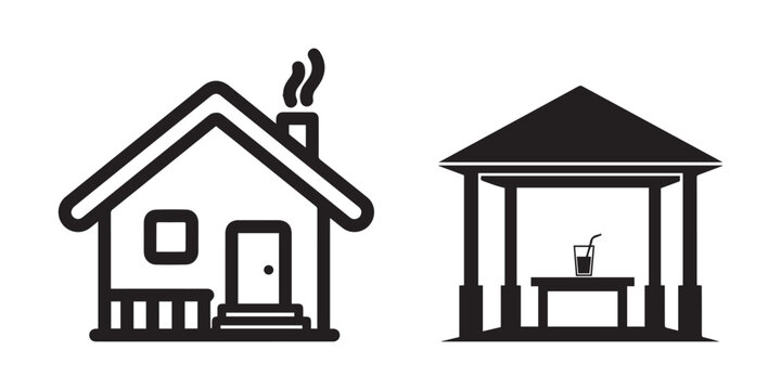 Simple house and gazebo icons with smoking chimney and drink