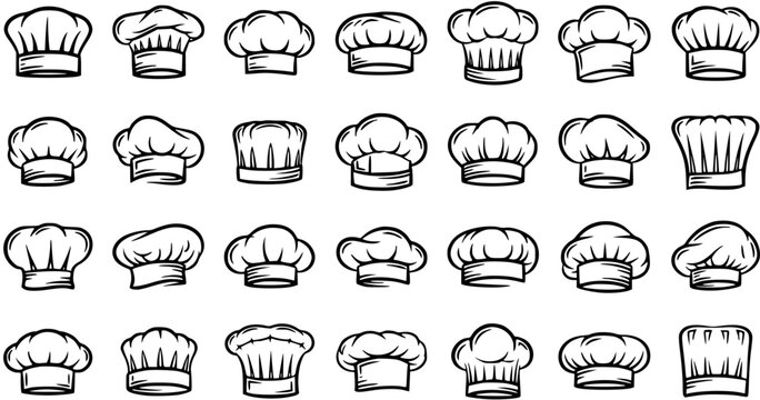 Black and White Line Art Chef Hats, Cook Caps, and Toques Icon Set, Food Industry